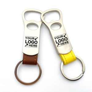 Metal Bottle Opener Keychain with Leather Strap Bar Tool