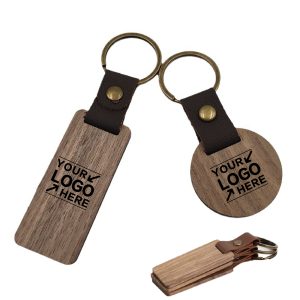 Wooden Leather Keychain - Rustic Handmade Key Ring Set